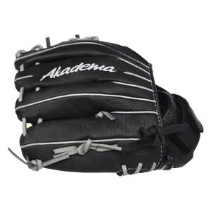 Front view of a black baseball glove with white stitching and Akadema logo.