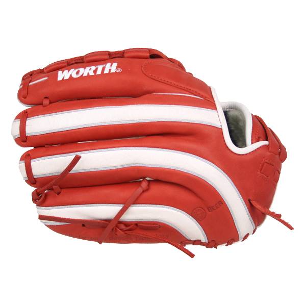 Side view of a red baseball glove with white stripes and WORTH branding.