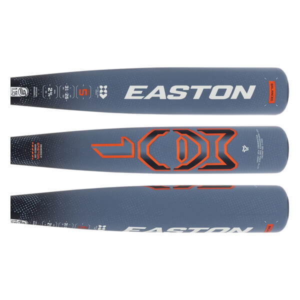 Multi-panel view of a grey baseball bat with white EASTON logo, orange geometric graphics, and USSSA specifications.