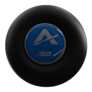 Top-down view of a black baseball bat with a blue end cap featuring a grey A logo and 32.