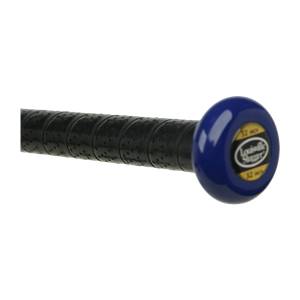 Close-up of a blue bat end cap with Louisville Slugger branding and a black perforated grip.