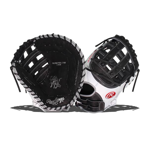 Front view of a black and white Rawlings Heart of the Hide first base mitt with white stitching and a red R logo.