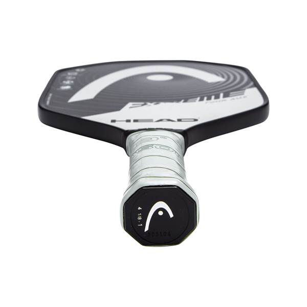 Top-down view of a black pickleball paddle with white HEAD branding and a silver grip.