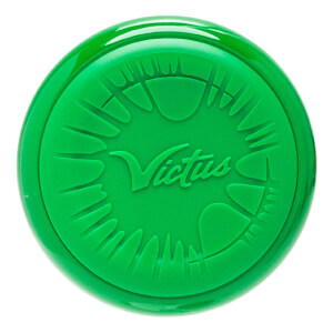 Top-down view of a green baseball bat end cap with embossed Victus logo and sunburst design.