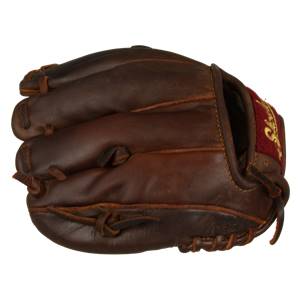 Top-down view of a brown baseball glove with red and gold Shoeless Joe branding.