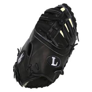 Side view of a black baseball glove with white L logo and white stitching.