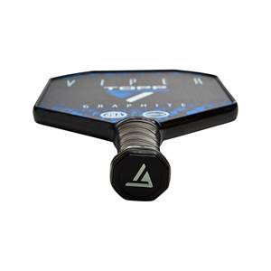 Top-down view of a black pickleball paddle with blue accents and a white triangle logo on the grip.
