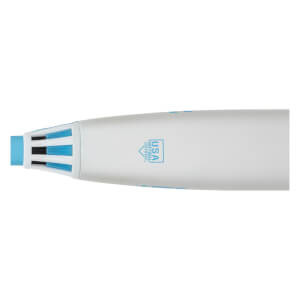 Close-up of a white fastpitch softball bat barrel with a light blue finned end cap and USA Softball Certified logo.