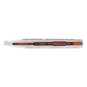 Side view of a white slow pitch softball bat with orange accents, MAXUM text, and 2 PIECE label.