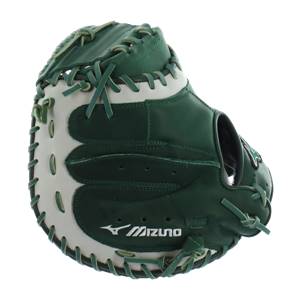 Front view of a green and white Mizuno catchers mitt with visible lacing and a logo.