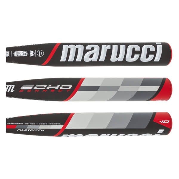Top-down view of black fastpitch softball bats with red and gray accents and Marucci branding.
