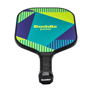 Front view of a Baddle Junior pickleball paddle with a geometric design and black grip.