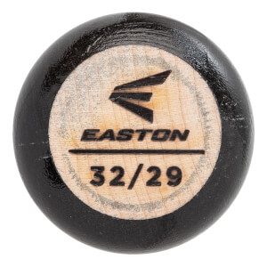 End view of a black baseball bat with Easton logo and 32/29 marking.