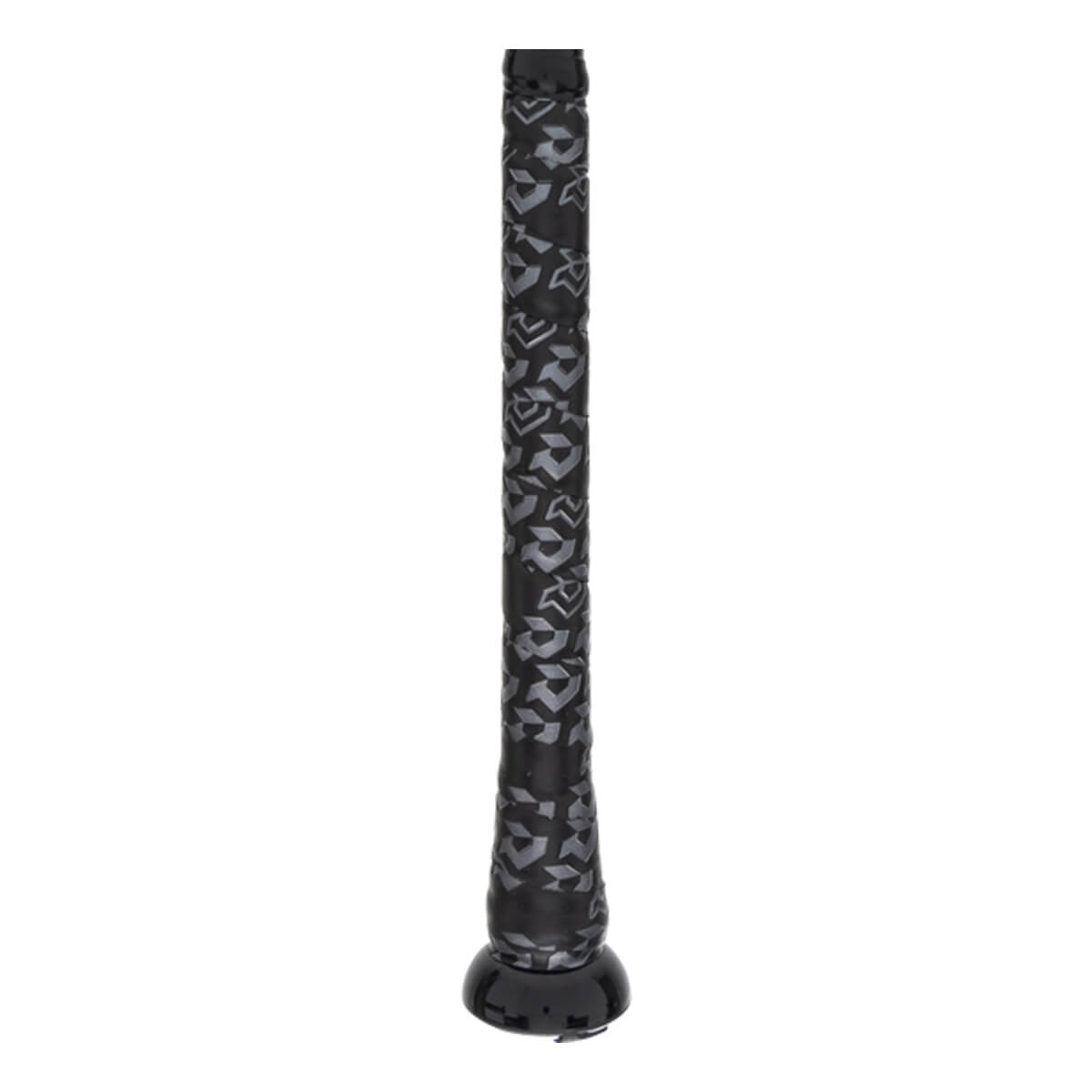 Close-up of the black baseball bat grip with a repeating gray logo pattern and a glossy black end cap.
