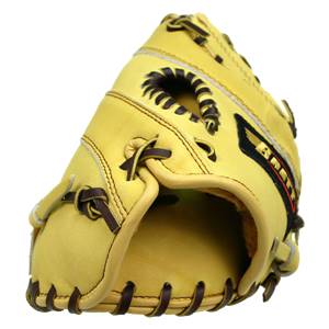 Side view of a yellow baseball glove with dark brown lacing and a black and red BROS logo.