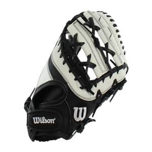 Side view of a black and white Wilson fastpitch first base mitt with black lacing and a white web.