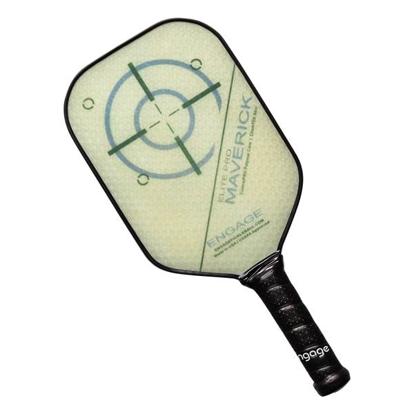 Top-down view of a light green pickleball paddle with a target graphic and Maverick text.