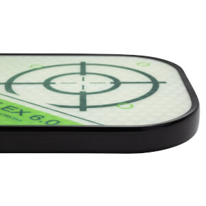 Corner view of a white pickleball paddle with green EX 6.0 text and a target design.