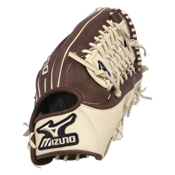 Top-down view of a brown and cream baseball glove with white lacing and a Mizuno logo.