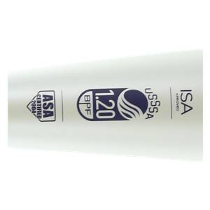 Close-up of a white softball bat with ASA, BPF 1.20, USSSA, and ISA Approved logos.