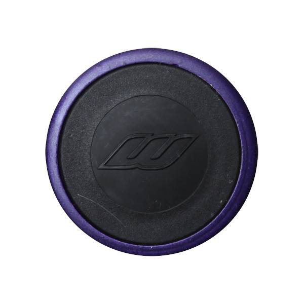 Top-down view of a purple softball bat end cap with a black circular grip and a white W logo.