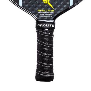 Close-up of a black pickleball paddle grip with white stitching and PROLITE branding.