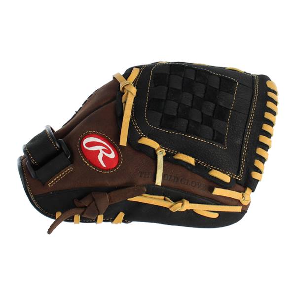Top-down view of a brown and black baseball glove with a red Rawlings logo and woven black pocket.