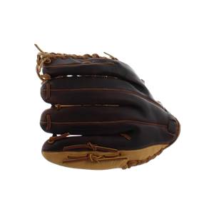 Side view of a brown baseball glove with tan accents and visible lacing.