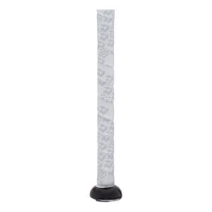 Close-up view of the bat handle featuring light grey grip tape with a repeating dark grey logo pattern and a smooth black knob at the base.