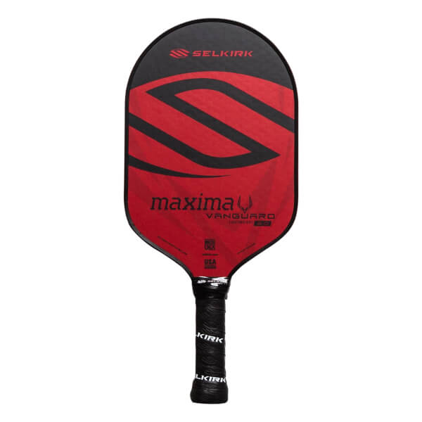Front view of a red and black pickleball paddle with SELKIRK and maxima VANGUARD text.