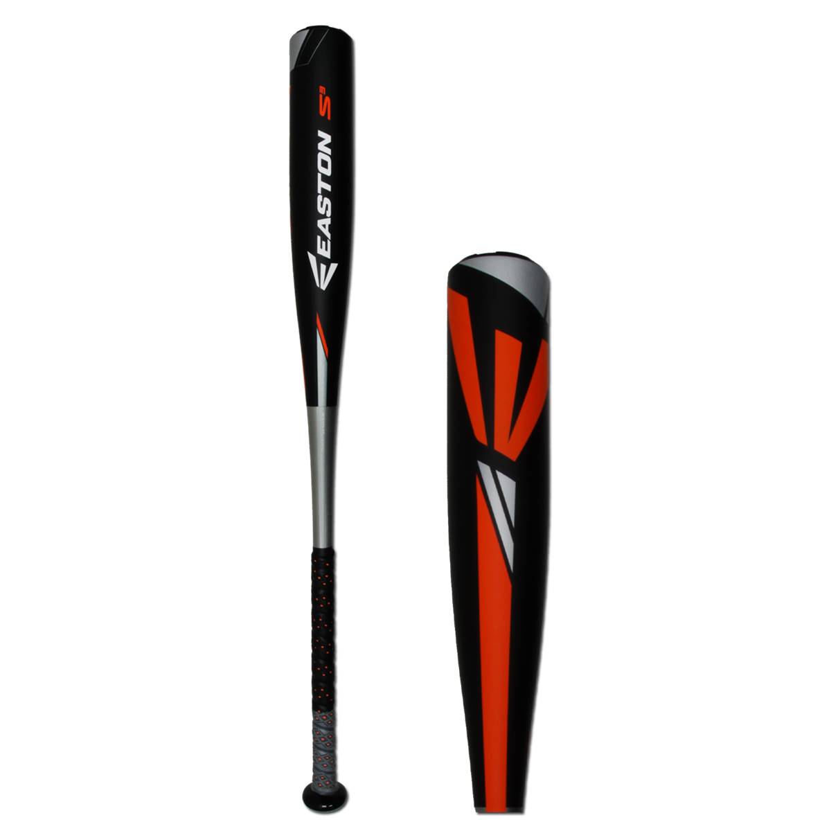 Side view of a black baseball bat with silver accents and orange graphics, showing the Easton S3 logo.