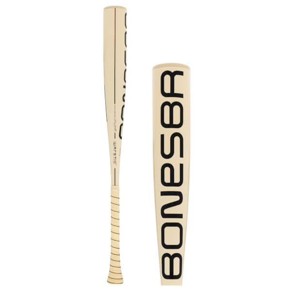 Side view of a cream baseball bat with a textured grip and WARSTIC on the handle, plus a close-up of the barrel showing BONESABER.