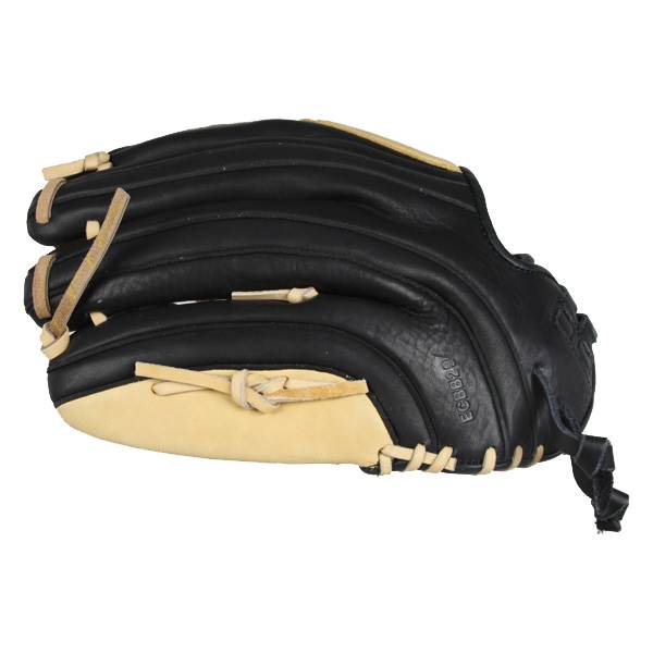 Side view of a black and tan fastpitch glove with tan lacing and ECBB20 embossed on the heel.