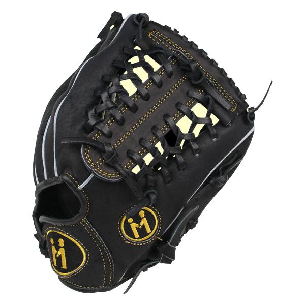 Top-down view of a black baseball glove with yellow stitching and two gold M logos.