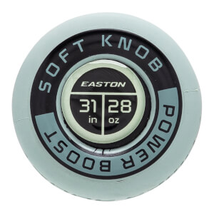 Top-down close-up of a light blue baseball bat end cap with Easton branding, 31 in 28 oz text, and SOFT KNOB POWER BOOST around the edge.