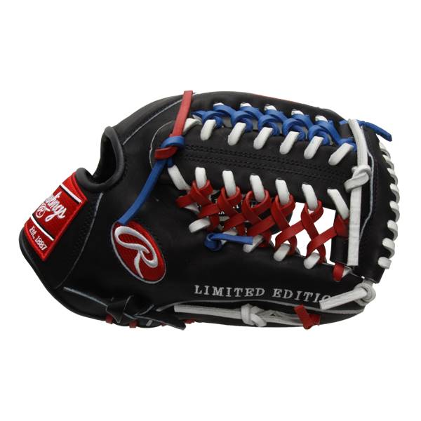 Side view of a black baseball glove with red, white, and blue lacing and LIMITED EDITION text.