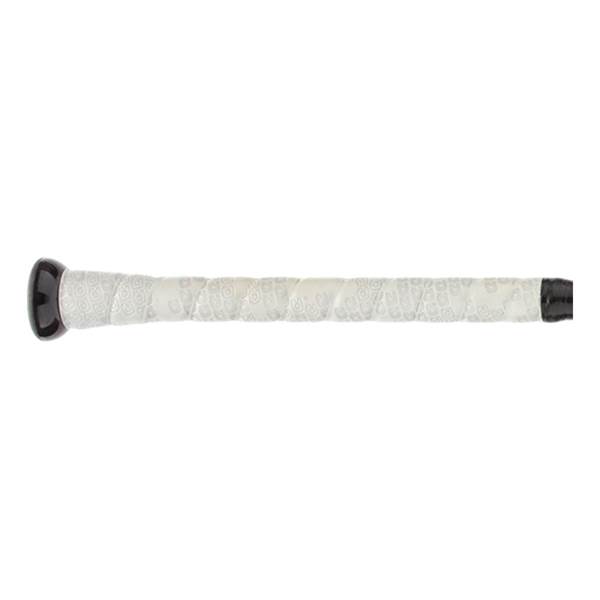 Side view of a white baseball bat grip with a black end cap and subtle patterned texture.