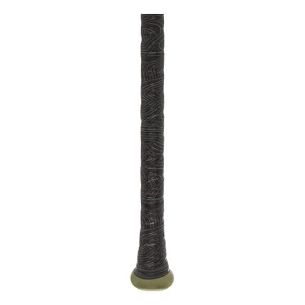 Close-up of a black baseball bat grip with a textured pattern and a green end cap.
