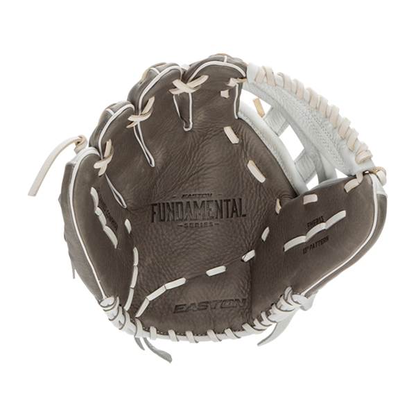 Palm view of a dark brown fastpitch softball glove with Easton Fundamental branding and white lacing.