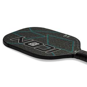 Top-down view of a black pickleball paddle with ICON text and blue geometric lines.