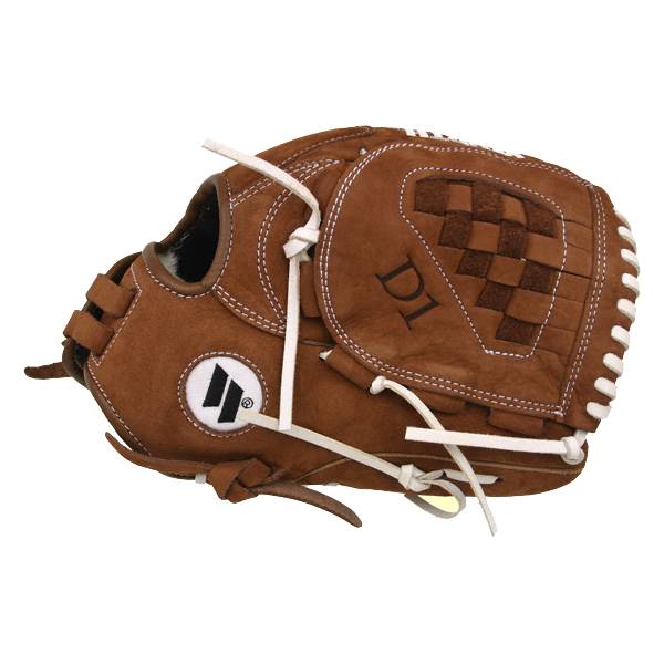 Side view of a brown baseball glove with white stitching, a checkered web, and D1 branding.