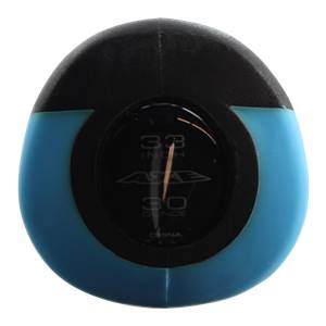 End cap view of a blue and black baseball bat with 33 INCH and 30 OUNCE text.