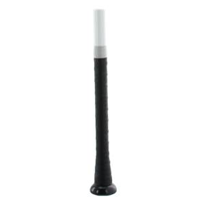 Close-up of a black baseball bat grip with a white barrel.