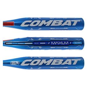 Three views of a blue COMBAT MAXUM tee ball baseball bat with white lettering and graphics.