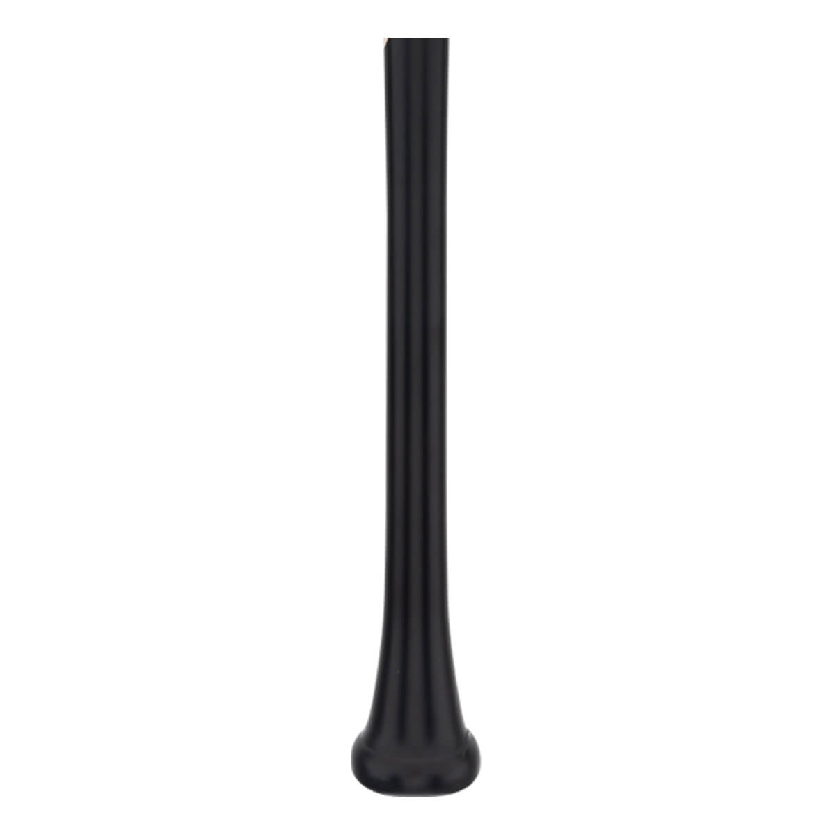 Full view of a black baseball bat with a sleek, all-black design and a rounded knob.