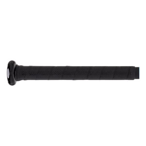 Side view of a black baseball bat with a textured grip and a rounded end cap.