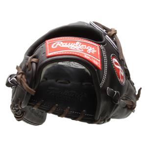 Front view of a brown Rawlings baseball glove with a red Rawlings logo patch and white stitching.