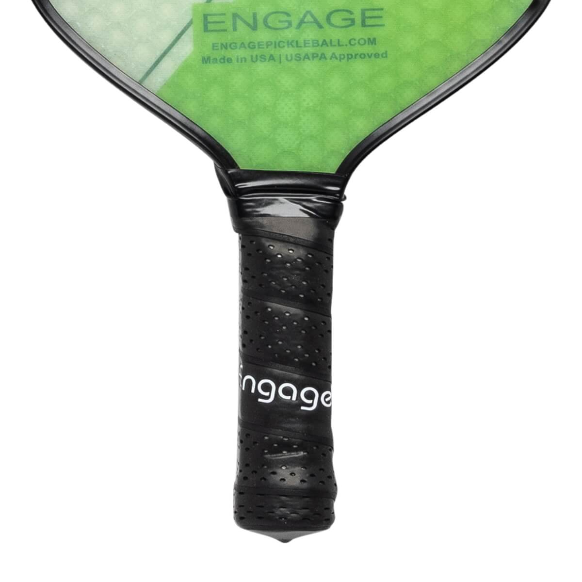 Close-up of a black pickleball paddle grip with perforations and engage text.