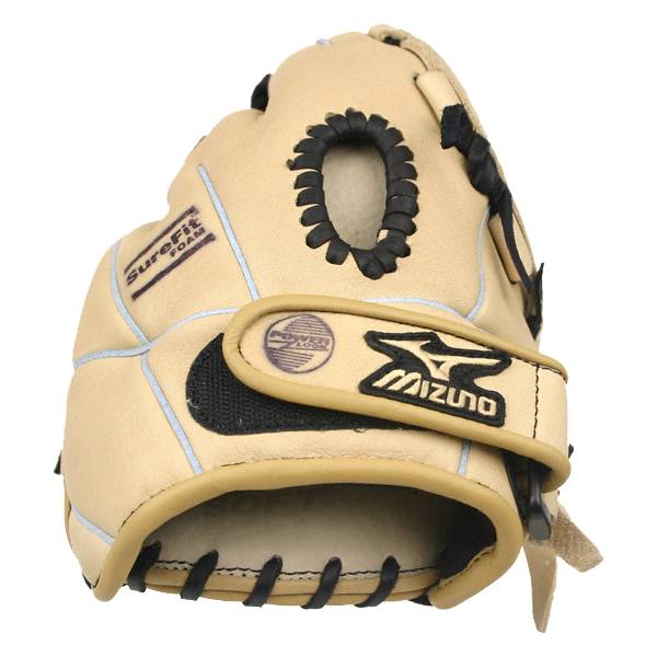 Close-up of a tan Mizuno fastpitch mitt with SureFit Foam and Power Lock branding.