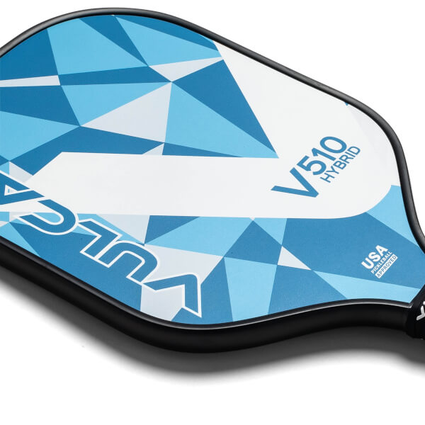 Corner view of a blue and white pickleball paddle with V510 HYBRID and USA PICKLEBALL APPROVED text.